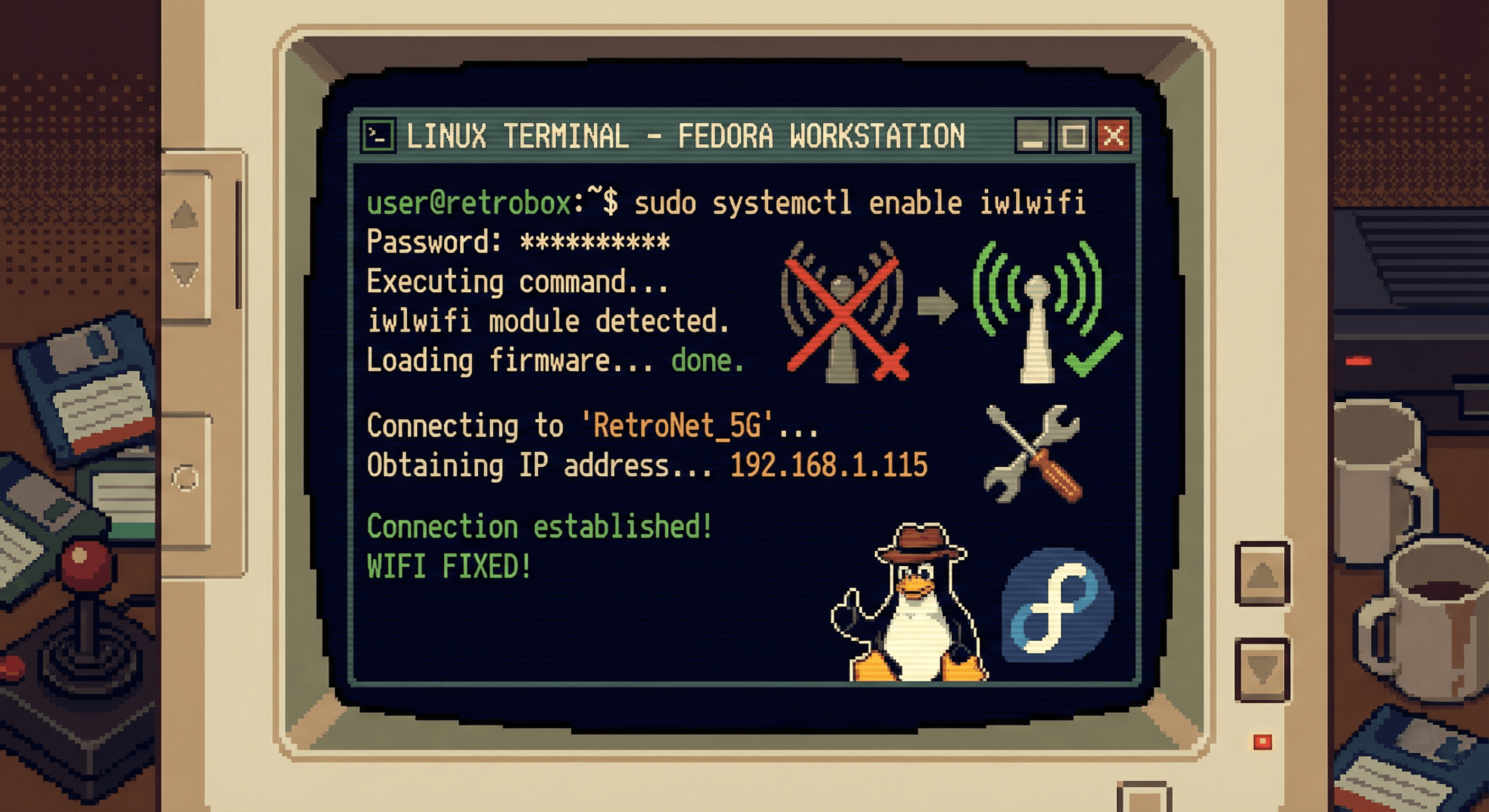 Retro style pixel art of a Linux terminal fixing Wi-Fi